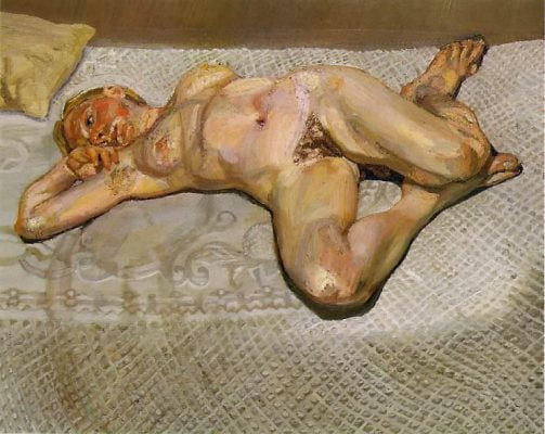 Yataktaki sarışın kız (Blonde girl on a bed); Lucian Freud, 1987